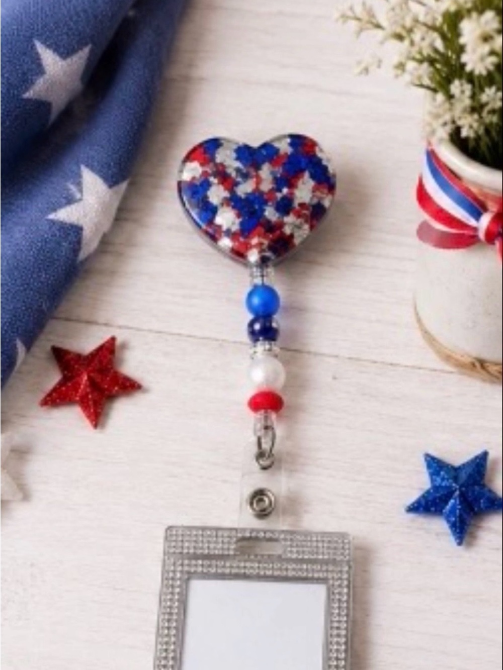 Handmade Beaded epoxy resin Patriotic Heart Badge Reel